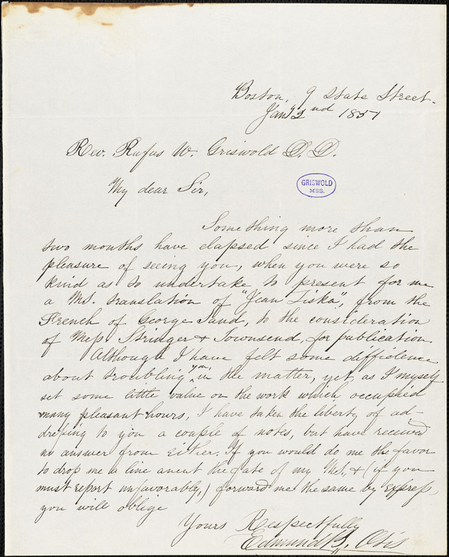 Edmund Burke Otis, Boston, MA., 9 State Street, autograph letter signed to R. W. Griswold, 2 January 1851