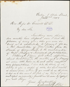 Edmund Burke Otis, Boston, MA., 9 State Street, autograph letter signed to R. W. Griswold, 2 January 1851