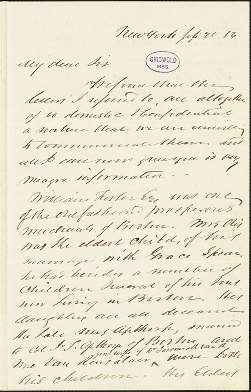 James William Otis, New York, autograph letter signed to R. W. Griswold, [25?] February 1854