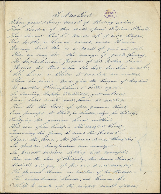 A. P. Southron (pseudonym) manuscript poem: "To New York."