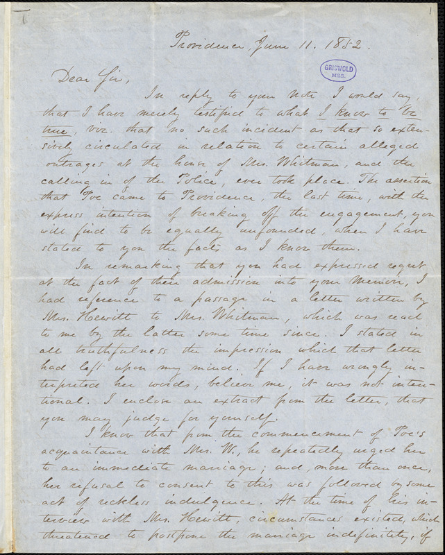 William Jewett Pabodie, Providence, RI., autograph letter signed to R. W. Griswold, 11 June 1852