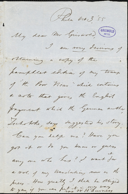 Parry & McMillan, Philadelphia, PA., autograph letter signed to R. W. Griswold, 3 October 1855