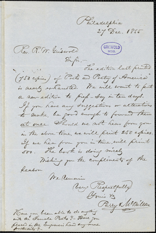 Parry & McMillan, Philadelphia, PA., autograph letter signed to R. W. Griswold, 27 December 1855