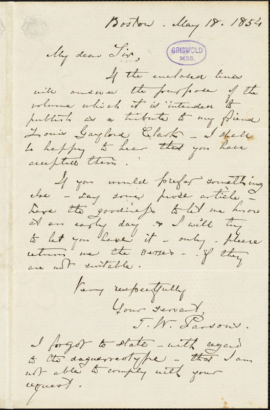 Thomas William Parsons, Boston, autograph letter signed, 18 May 1854