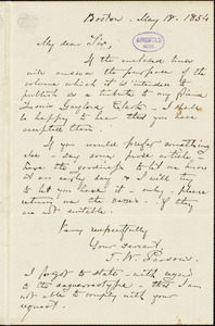 Thomas William Parsons, Boston, autograph letter signed, 18 May 1854