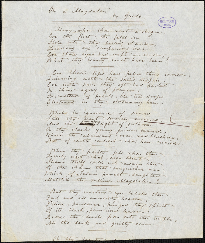 Thomas William Parsons manuscript poem: "On a 'Magdalen" by Guido."