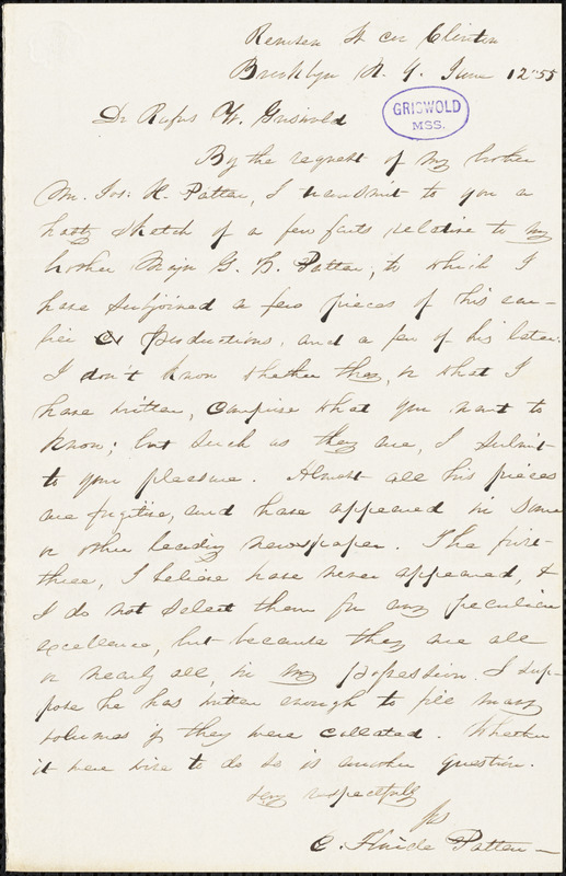 E. Fluide Patten (?), Brooklyn, NY., autograph letter signed to R. W. Griswold, 12 June 1855