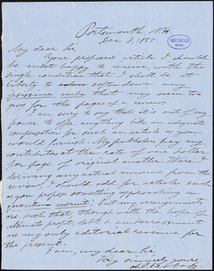 Andrew Preston Peabody, Portsmouth, NH., autograph letter signed, 8 December 1855