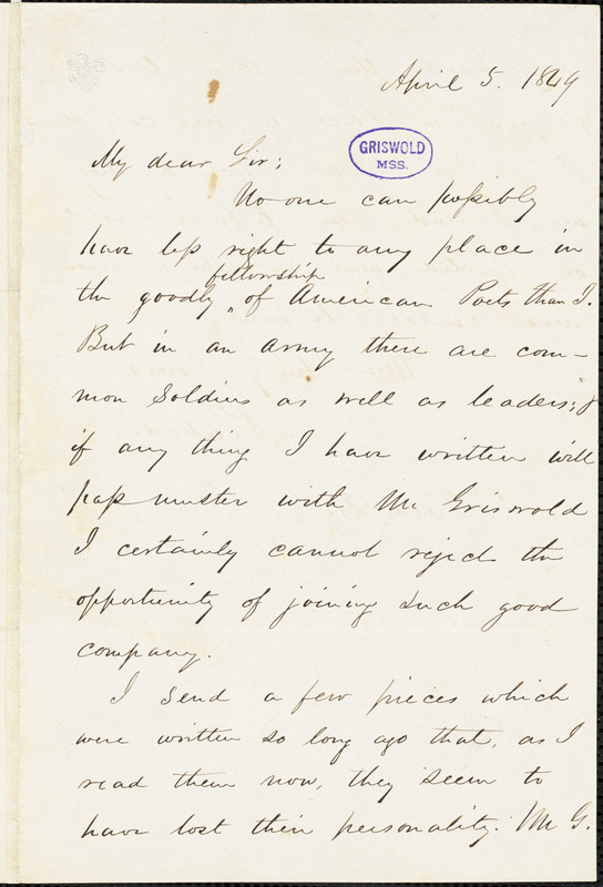 Ephraim Peabody autograph letter signed to James T. Fields, 5 April 1849