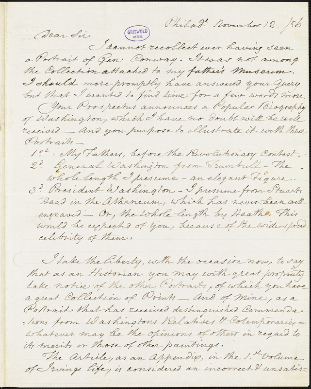 Rembrandt Peale, Philadelphia, PA., autograph letter signed, 12 November 1856