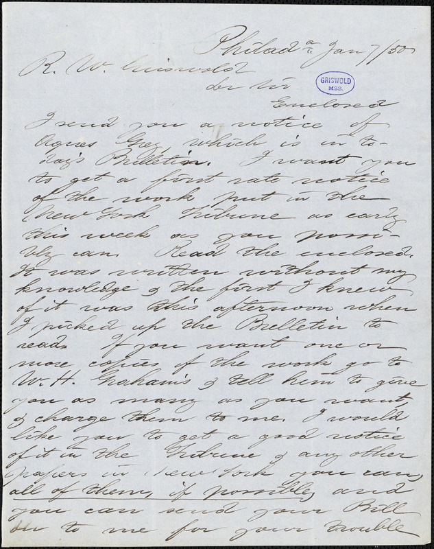 Theophilus Beasley Peterson, Philadelphia, PA., to R. W. Griswold, 7 January 1850