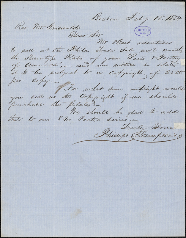 Phillips, Sampson and Co., Boston, MA., autograph letter signed to R. W. Griswold, 18 February 1854