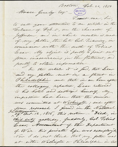 Octavius Pickering, Boston, MA., autograph letter signed to Horace Greeley, 20 February 1850