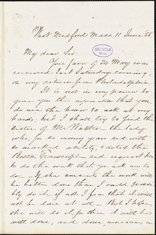 John Pierpont, West Medford, MA., autograph letter signed to R. W. Griswold, 11 June 1855