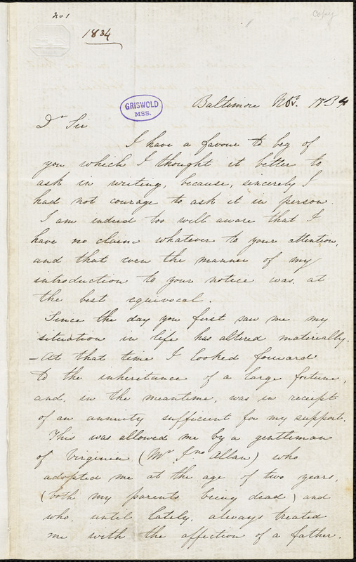Edgar Allan Poe, Baltimore, MD., autograph letter signed to John P. Kennedy, November 1834