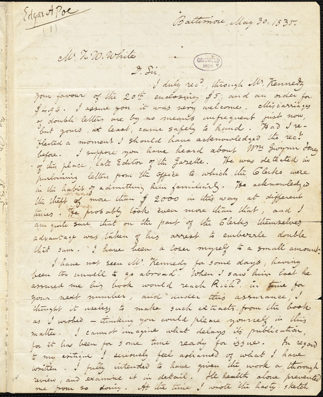 Edgar Allan Poe, Baltimore, MD., autograph letter signed to Thomas W ...