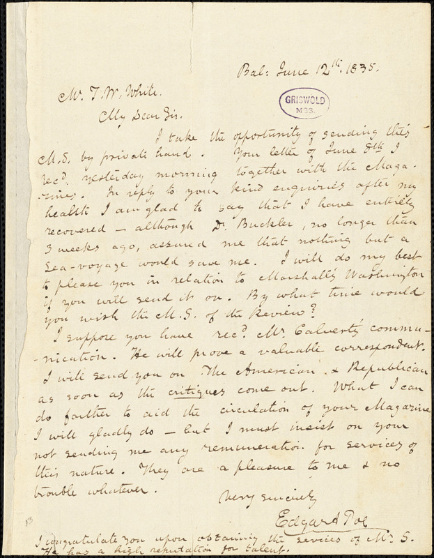 Edgar Allan Poe, Baltimore, MD., autograph letter signed to Thomas W. White, 12 June 1835