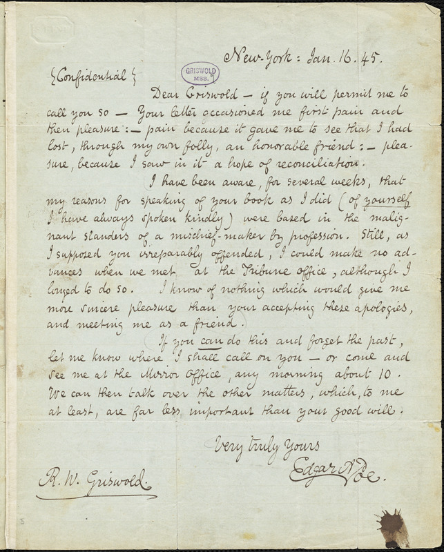 Edgar Allan Poe, New York, autograph letter signed to R. W. Griswold, 16 January 1845