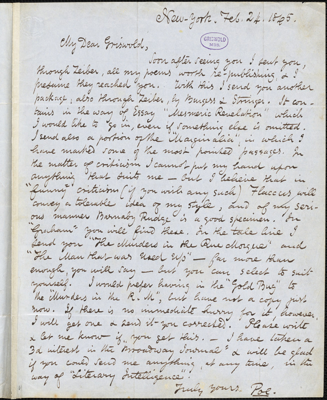 Edgar Allan Poe, New York, autograph letter signed to R. W. Griswold, 24 February 1845