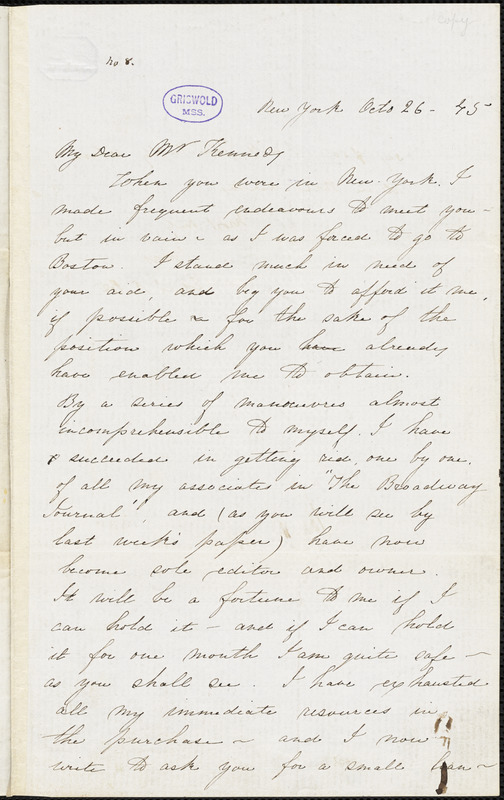 Edgar Allan Poe, New York, letter signed to John P. Kennedy, 26 October 1845