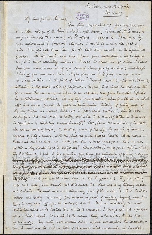 Edgar Allan Poe, Fordham, near New York, autograph letter signed to Frederick W. Thomas, 14 February 1849