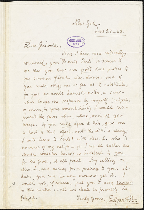 Edgar Allan Poe, New York, autograph letter signed to R. W. Griswold, 28 June 1849