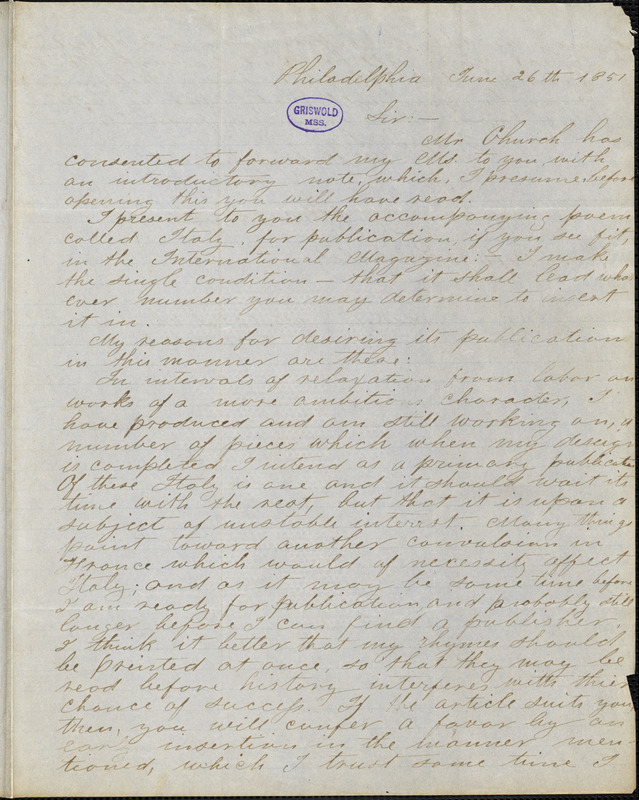 Edward Pollock, Philadelphia, PA., autograph letter signed to R. W. Griswold, 26 June 1851