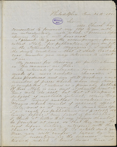 Edward Pollock, Philadelphia, PA., autograph letter signed to R. W. Griswold, 26 June 1851