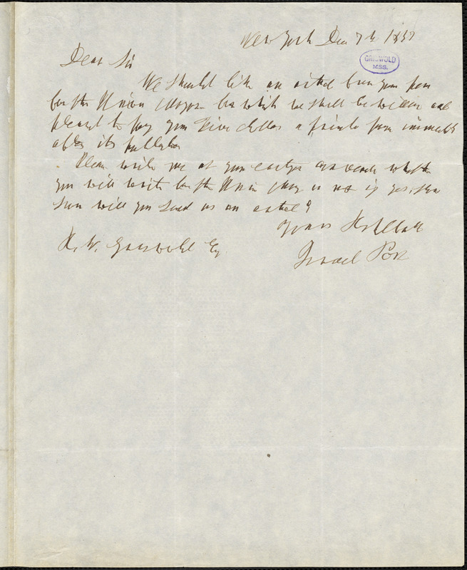 Israel Post, New York, autograph note signed to R. W. Griswold, 7 December 1847
