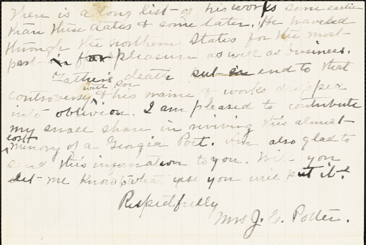Mrs. J. C. Potter, Guilford, CT., autograph letter signed to W. M. Griswold, 4 February 1897