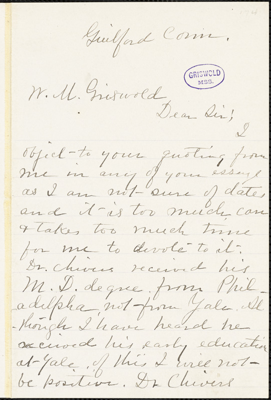 Mrs. J. C. Potter, Guilford, CT., autograph letter signed to W. M. Griswold, 18 February 1897