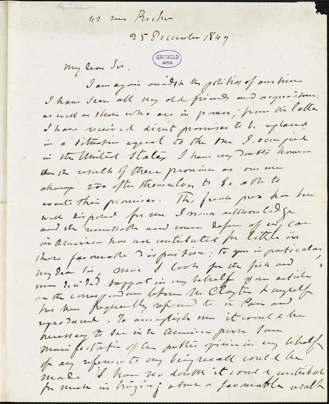 Guillaume Tell Poussin, [112 rue Bicher?], autograph letter signed, 25 December 1847