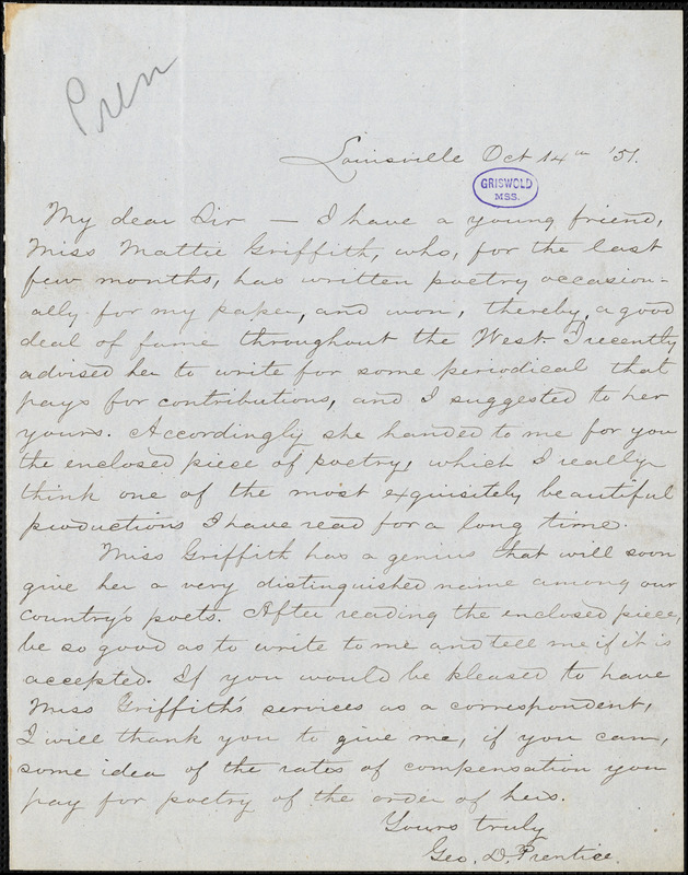 George Dennison Prentice, Louisville, KY., autograph letter signed to [R. W. Griswold?], 14 October 1851