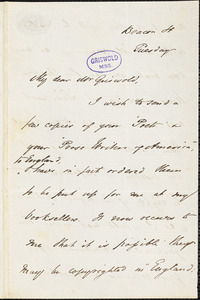 William Hickling Prescott, Beacon Street, letter signed to R. W. Griswold