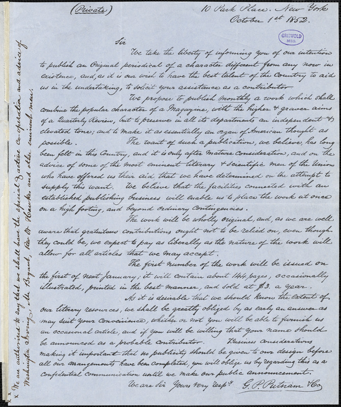 Geo. P. Putnam & Co.,10 Park Place, New York, letter signed to R. W. Griswold, 1 October 1852