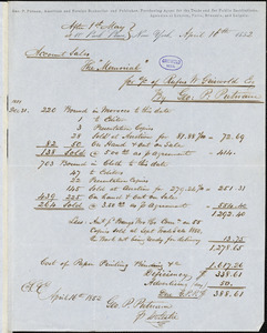Geo. P. Putnam & Co., 10 Park Place, New York, account with R. W. Griswold, 10 April 1852