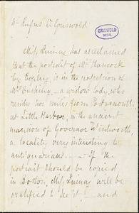Miss [Eliza Susan] Quincy, 1 Beacon Hill Place., autograph letter to R. W. Griswold, 13 April 1854