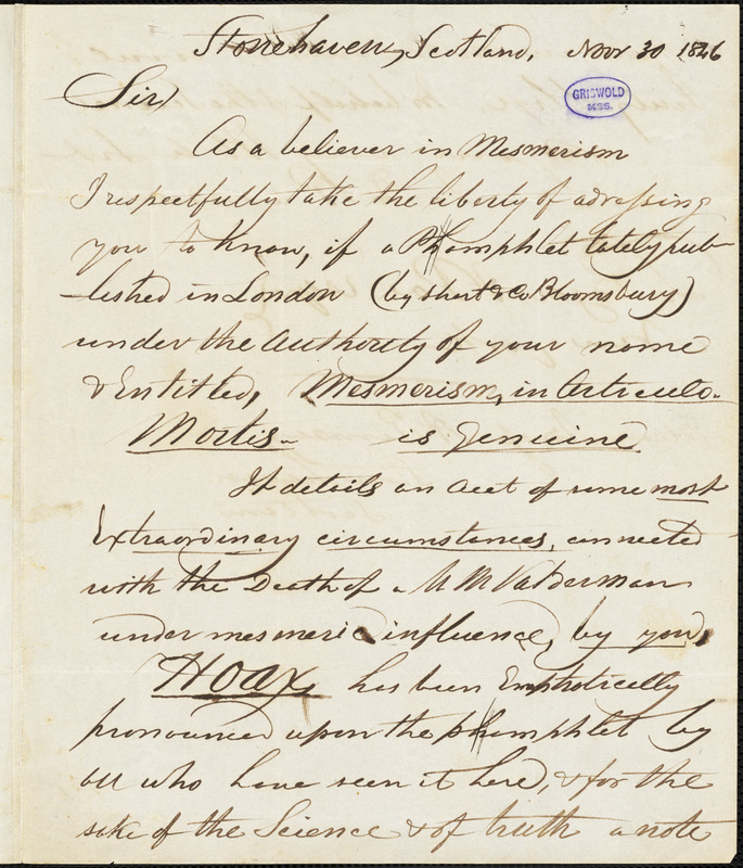 Arch Ramsay, Stonehaven, Scotland, autograph letter signed to Edgar Allan Poe, 30 November 1846