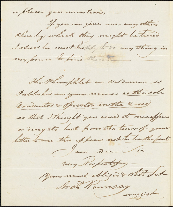 Arch Ramsay, Stonehaven, Kincardshire, Scotland., autograph letter signed to Edgar Allan Poe, 14 April 1847
