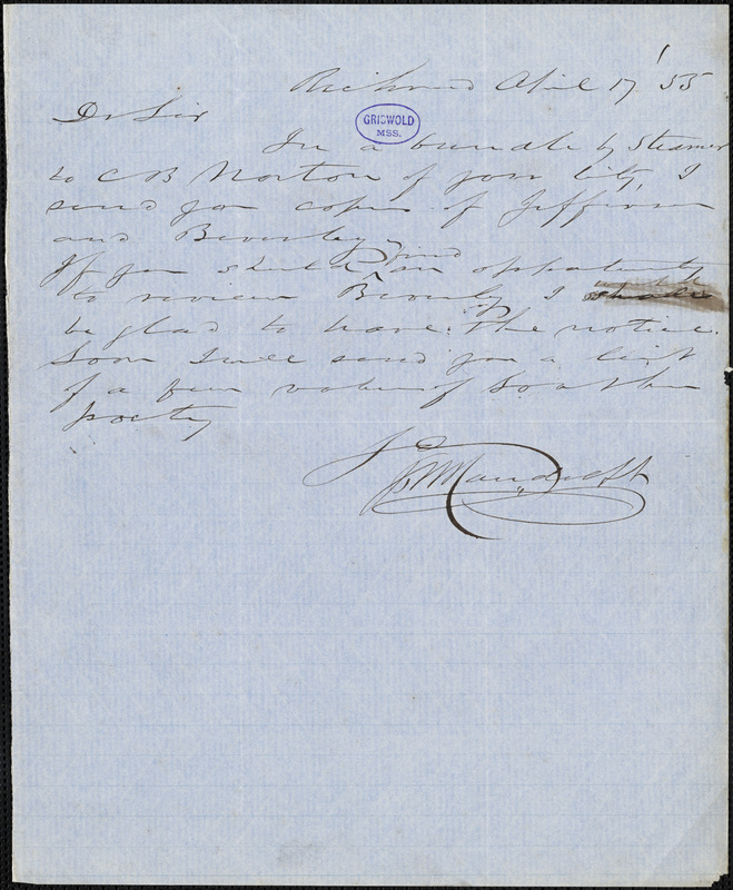 J. W. Randolph, Richmond, VA., autograph letter signed, 17 April 1855