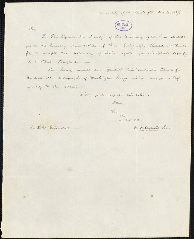 Henry Jarvis Raymond, University of Vermont, Burlington, VT., autograph note signed to R. W. Griswold, 23 December 1837
