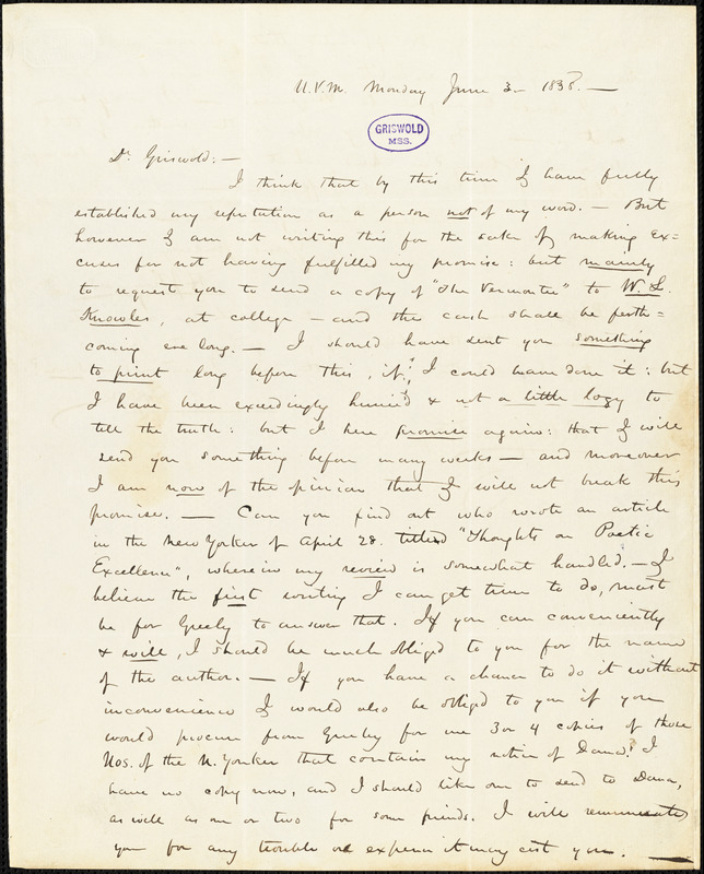 Henry Jarvis Raymond, U(niversity of) V(ermont), autograph letter signed to R. W. Griswold, 3 June 1838