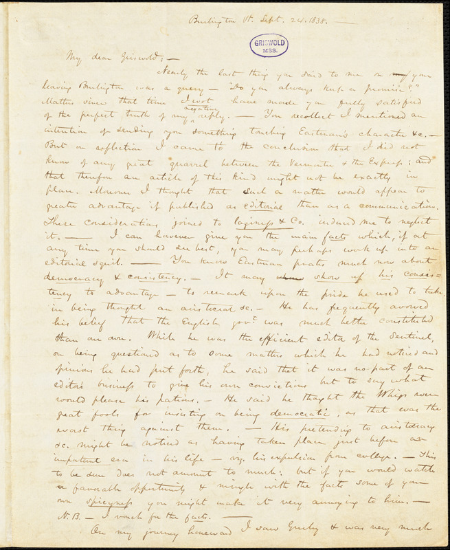 Henry Jarvis Raymond, Burlington, VT., autograph letter signed to R. W. Griswold, 24 September 1838
