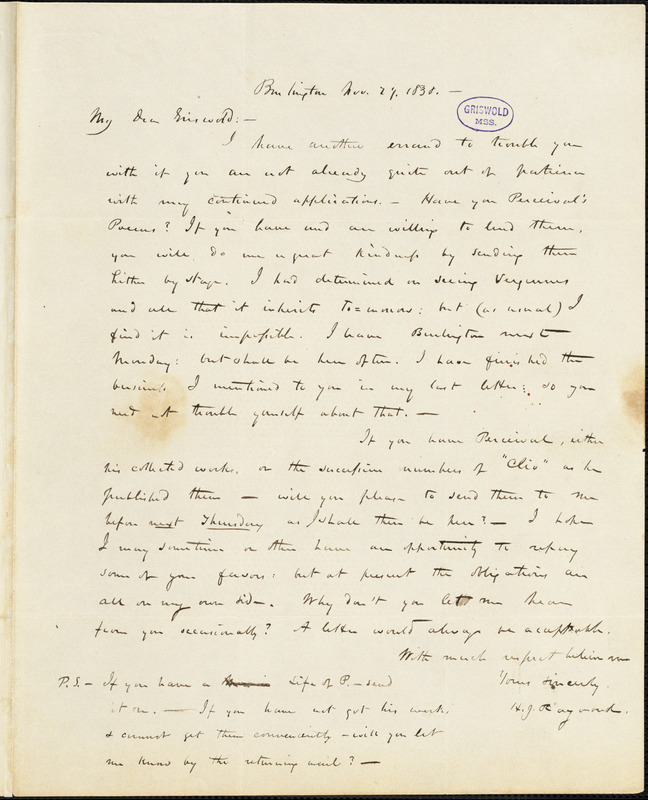 Henry Jarvis Raymond, Burlington, VT., autograph letter signed to R. W. Griswold, 29 November 1838