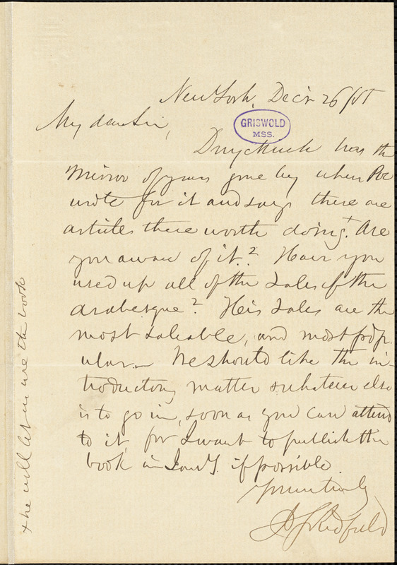 Justus Starr Redfield, [New York?]., to R. W. Griswold, 26 December 1855