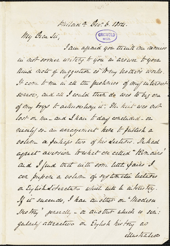 William Bradford Reed, Philadelphia, autograph letter signed, 6 December 1854
