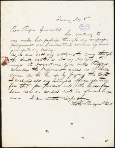 Thomas Mayne Reid autograph letter signed to R. W. Griswold, 8 May [1846?]