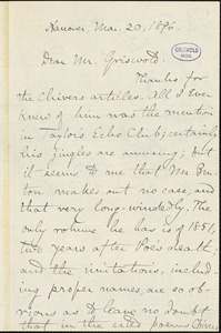 Charles Francis Richardson, Hanover, (NH), autograph letter signed to W. M. Griswold, 20 March 1896