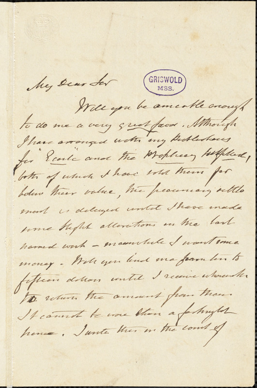 John Richardson, 254 4th Ave. (New York), autograph letter signed, [1851?]