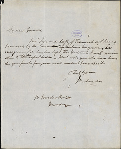 John Richardson, 13 Wooster St. (New York), autograph letter signed to R. W. Griswold